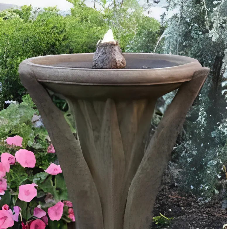 Decorative garden feature with pink flowers