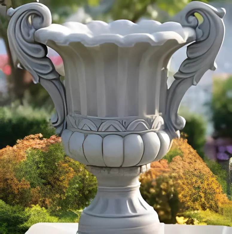 Ornate stone vase with intricate handles