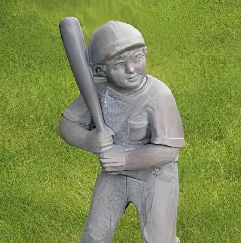 Child holding a bat sculpture outdoors