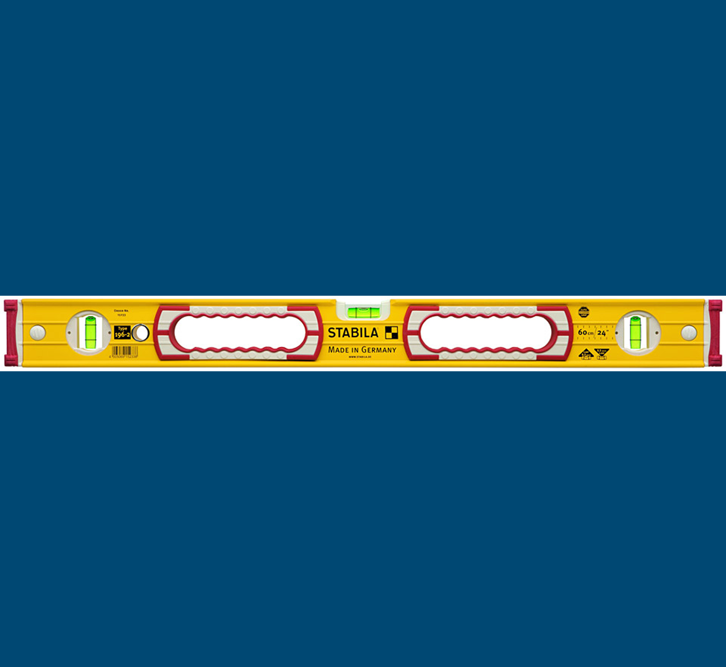Professional bubble level tool, yellow and red.