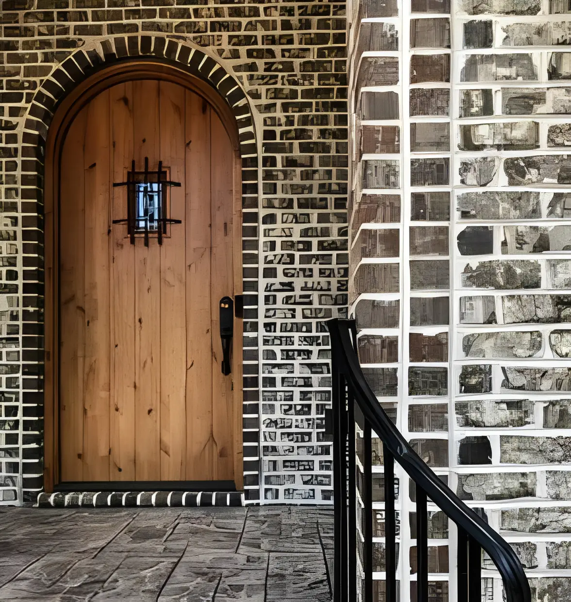 Rustic entrance with iron railing and bricks