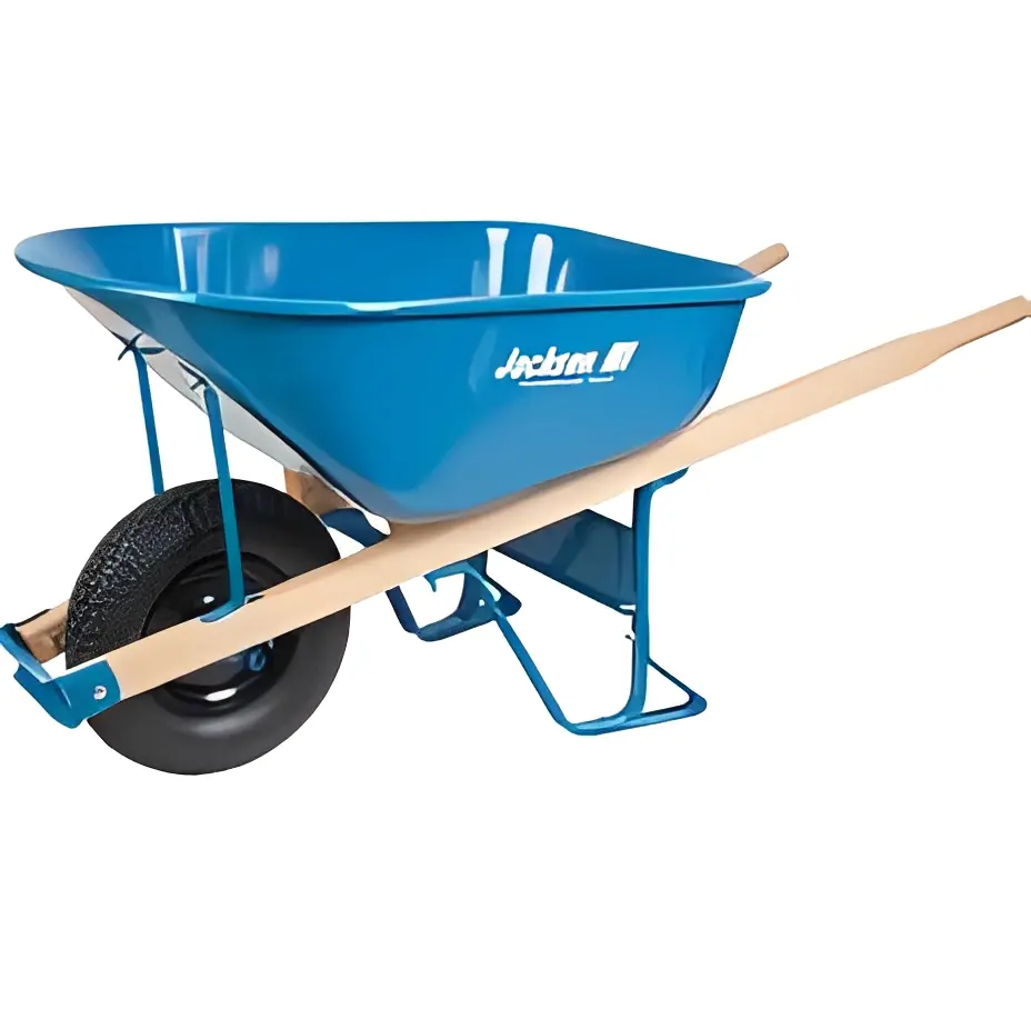 Blue wheelbarrow with a single wheel