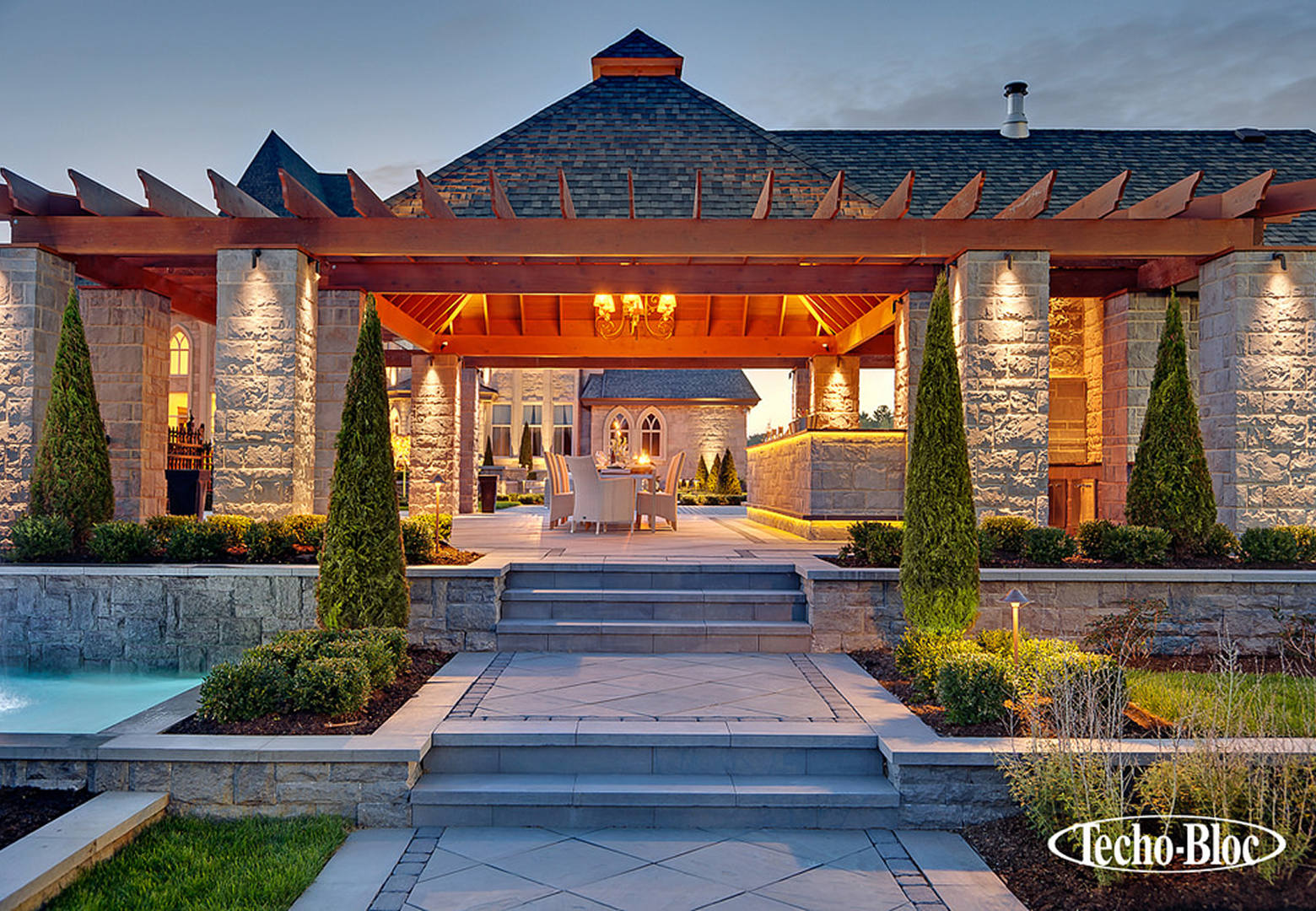 Elegant outdoor pavilion with evening lighting