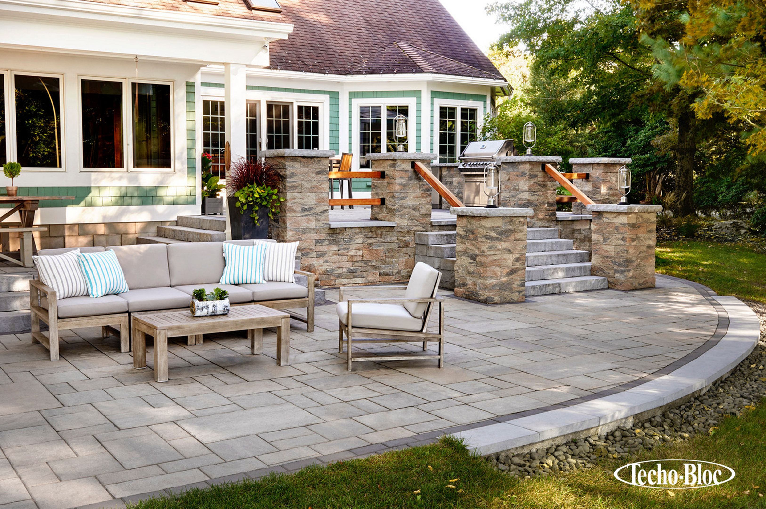 Patio with outdoor seating and stone steps