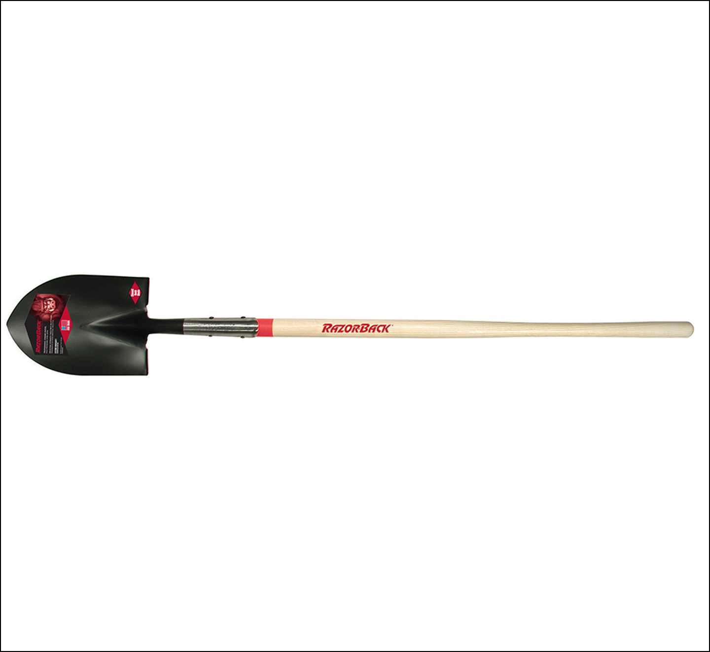 Long-handled shovel with black blade
