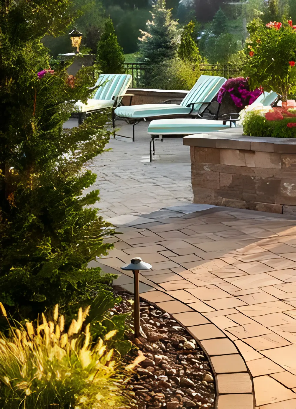 Sunlit patio with greenery and flowers
