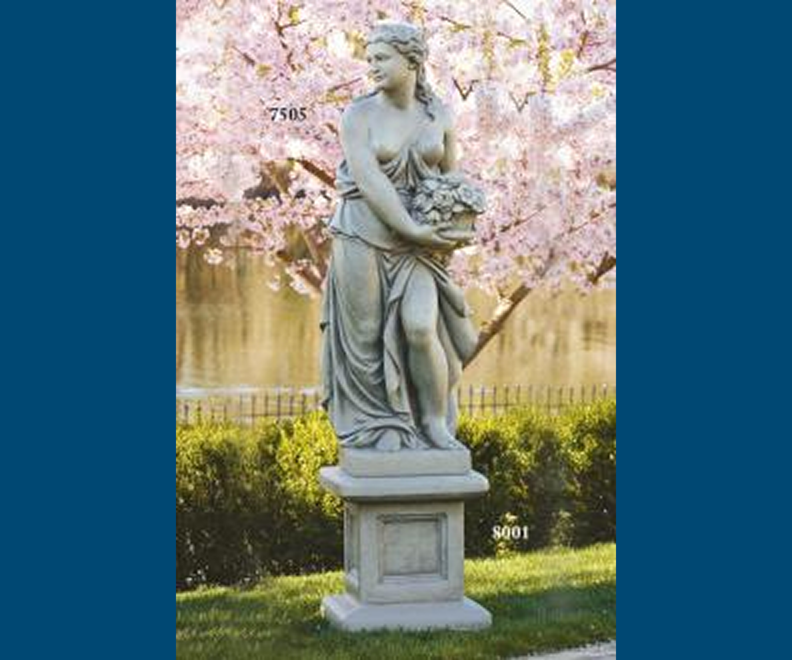 Elegant garden statue amidst blooming trees