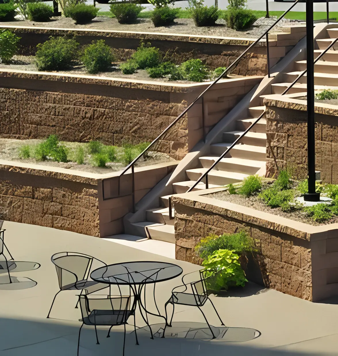 Outdoor seating and tiered landscaping