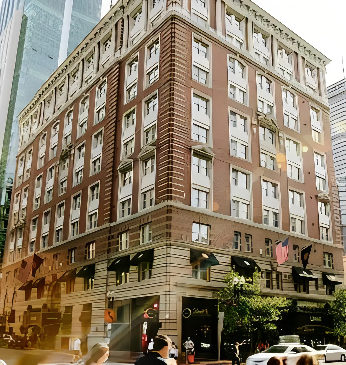 Busy street corner and classic building