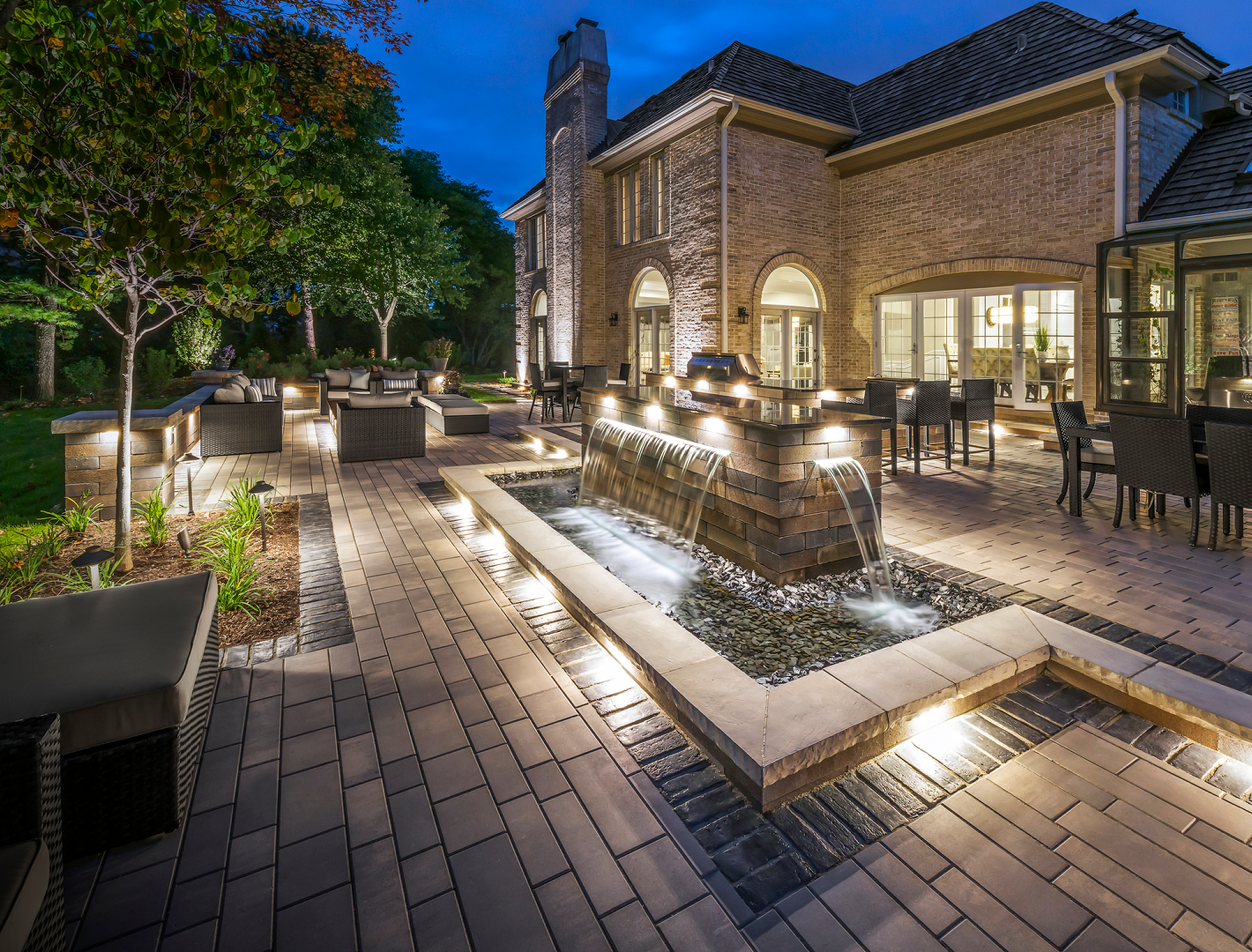Brick house with modern outdoor lighting