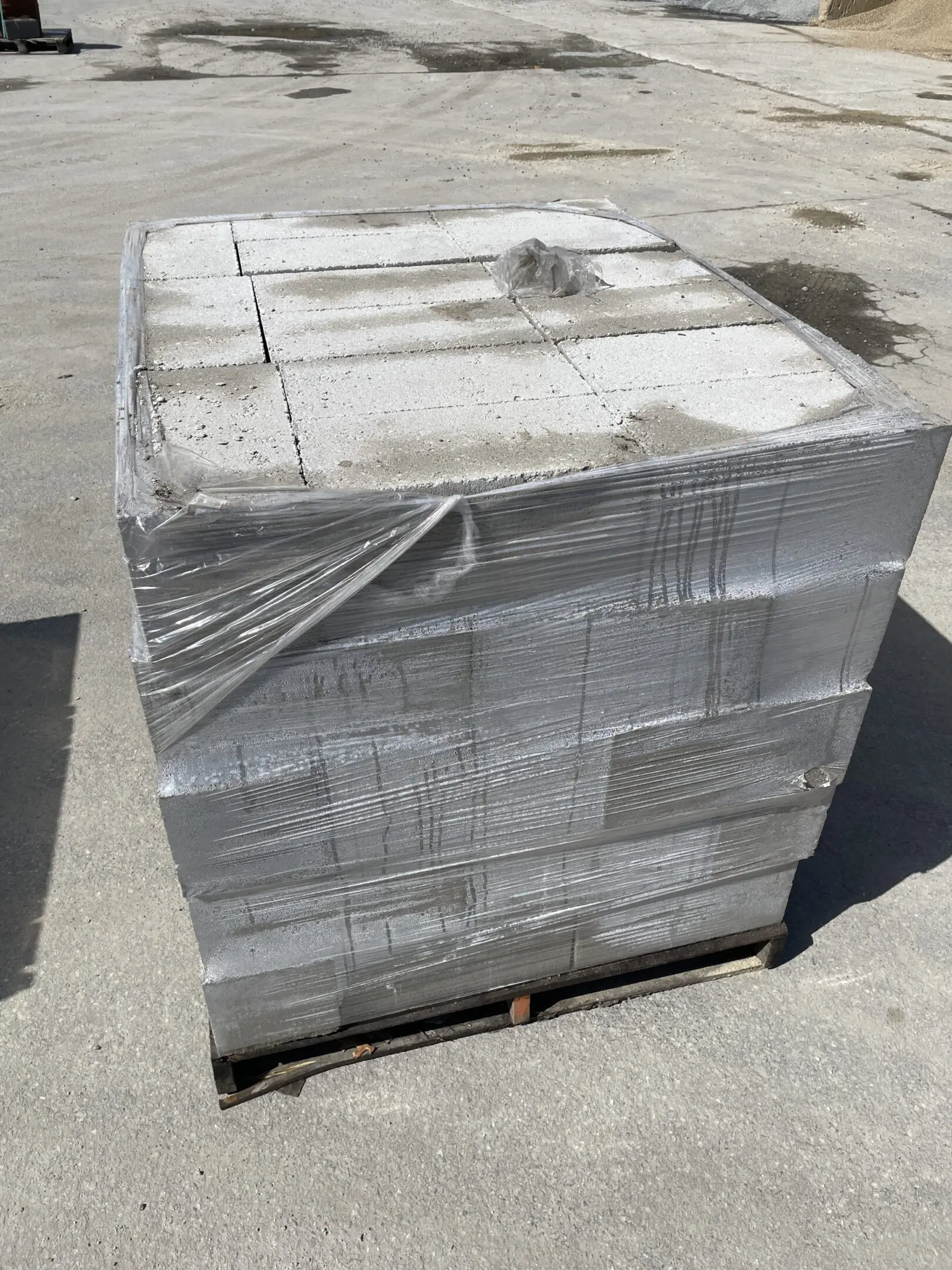 Palletized concrete blocks in plastic wrap