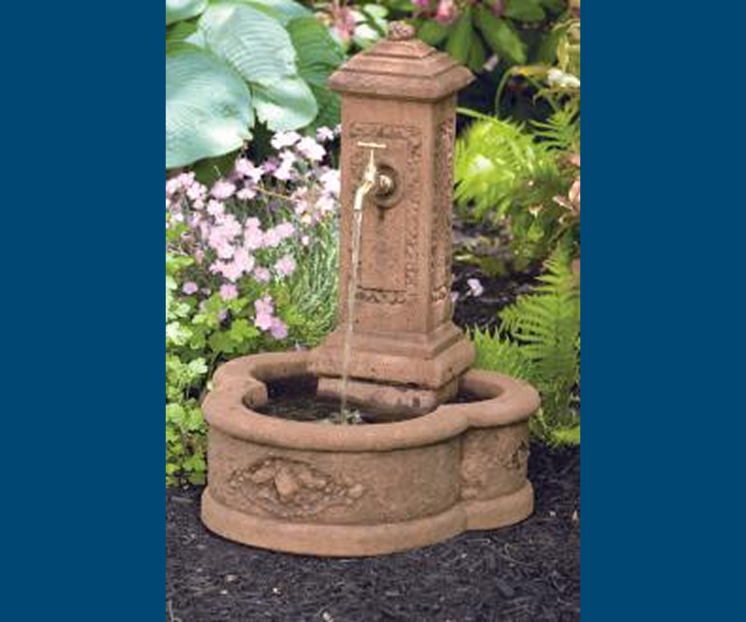 Decorative garden fountain amidst plants