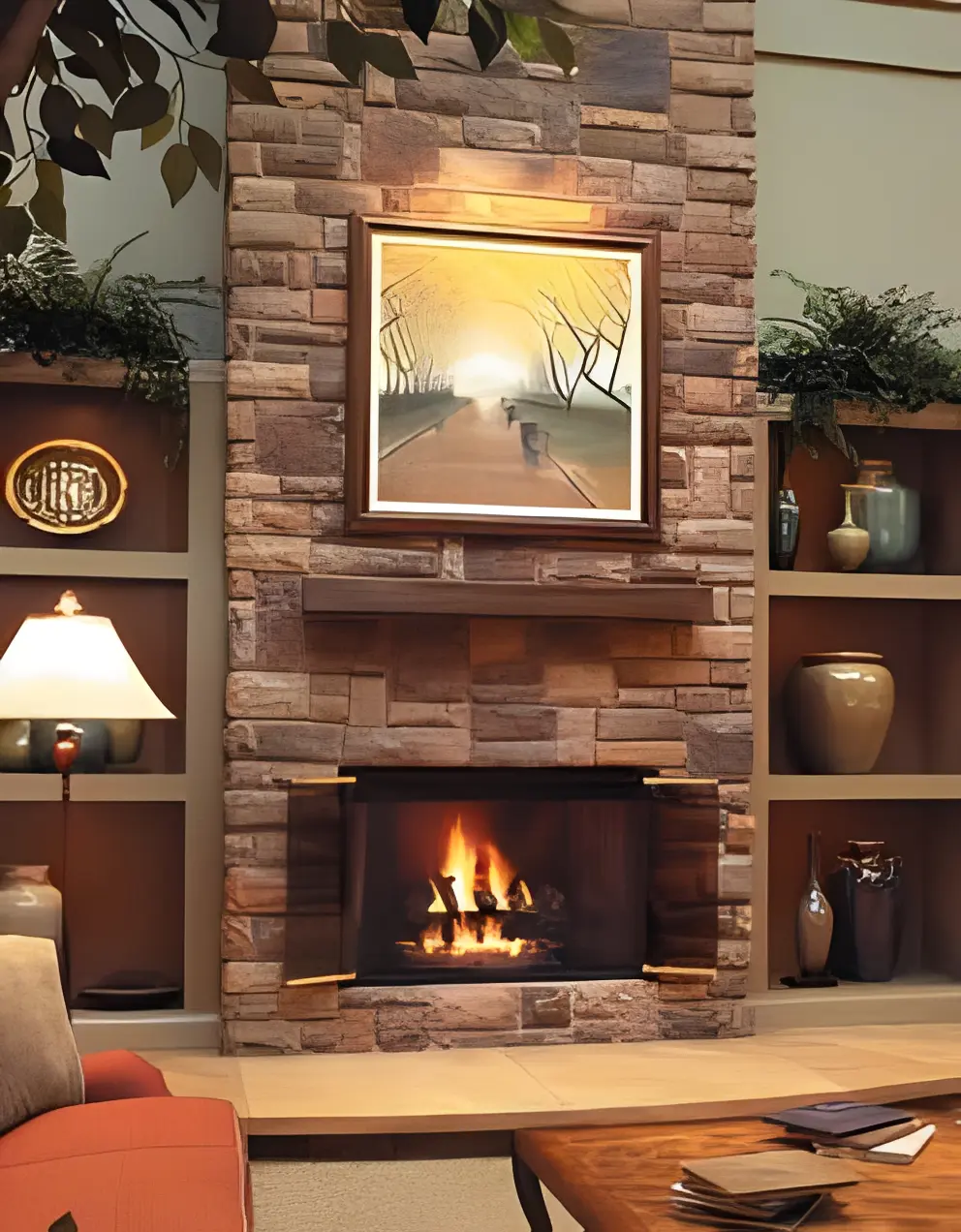 Elegant fireplace with decorative shelves