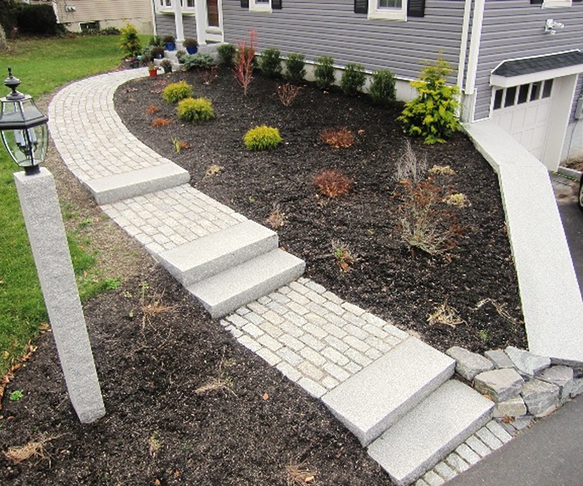 Stone pathway with steps and garden