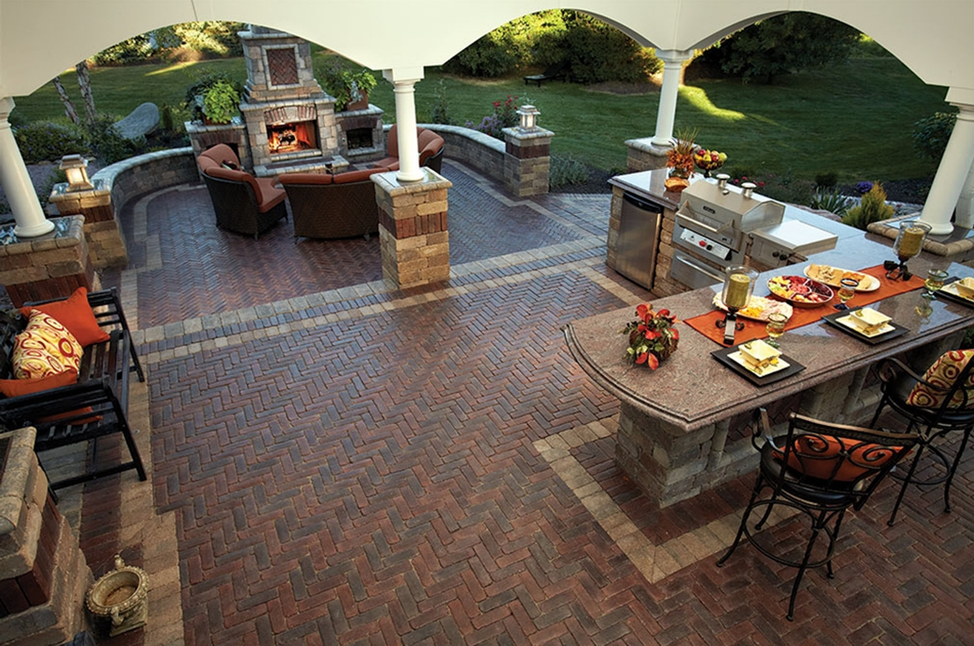 Elegant backyard patio with seating area