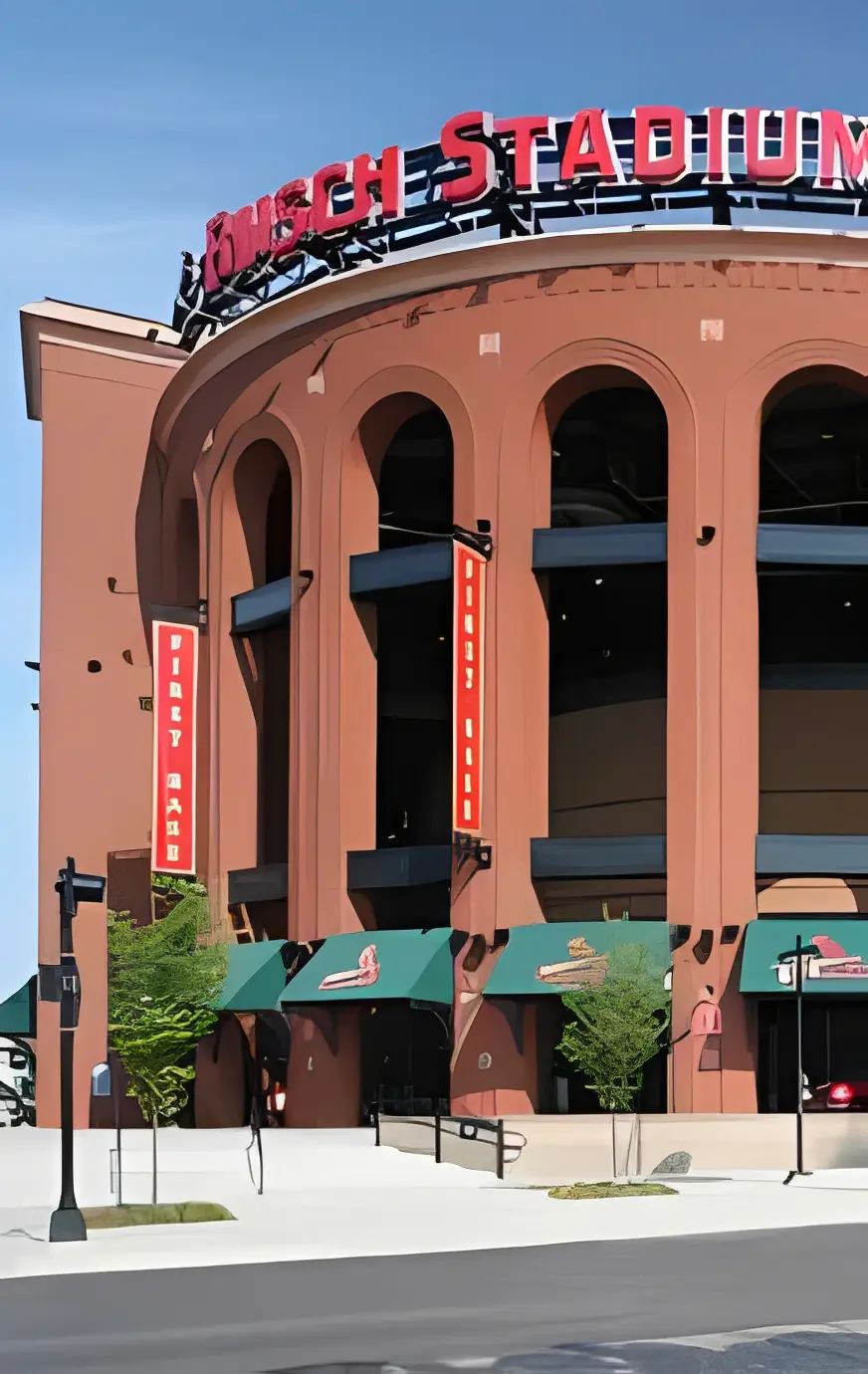 Stadium facade with green awnings