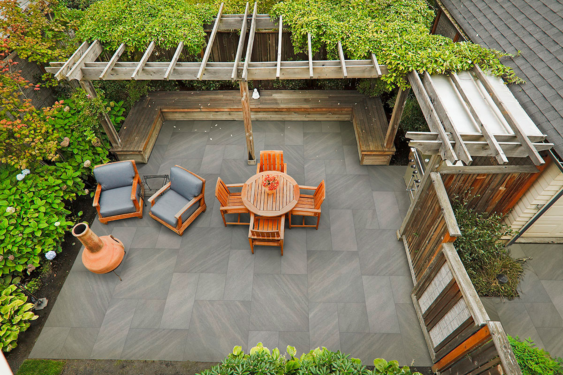 Outdoor patio with table and chairs