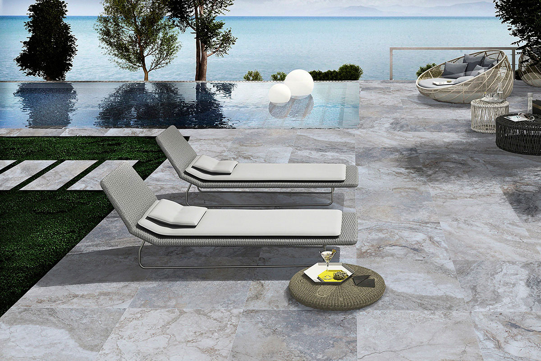 Modern patio with loungers and pool