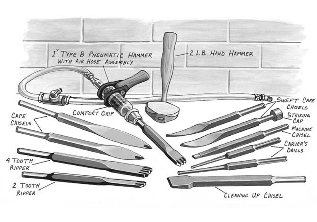 Variety of chisels and hammers