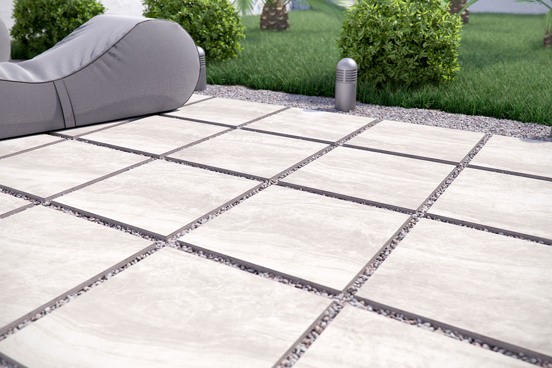 Elegant garden patio with geometric tiles