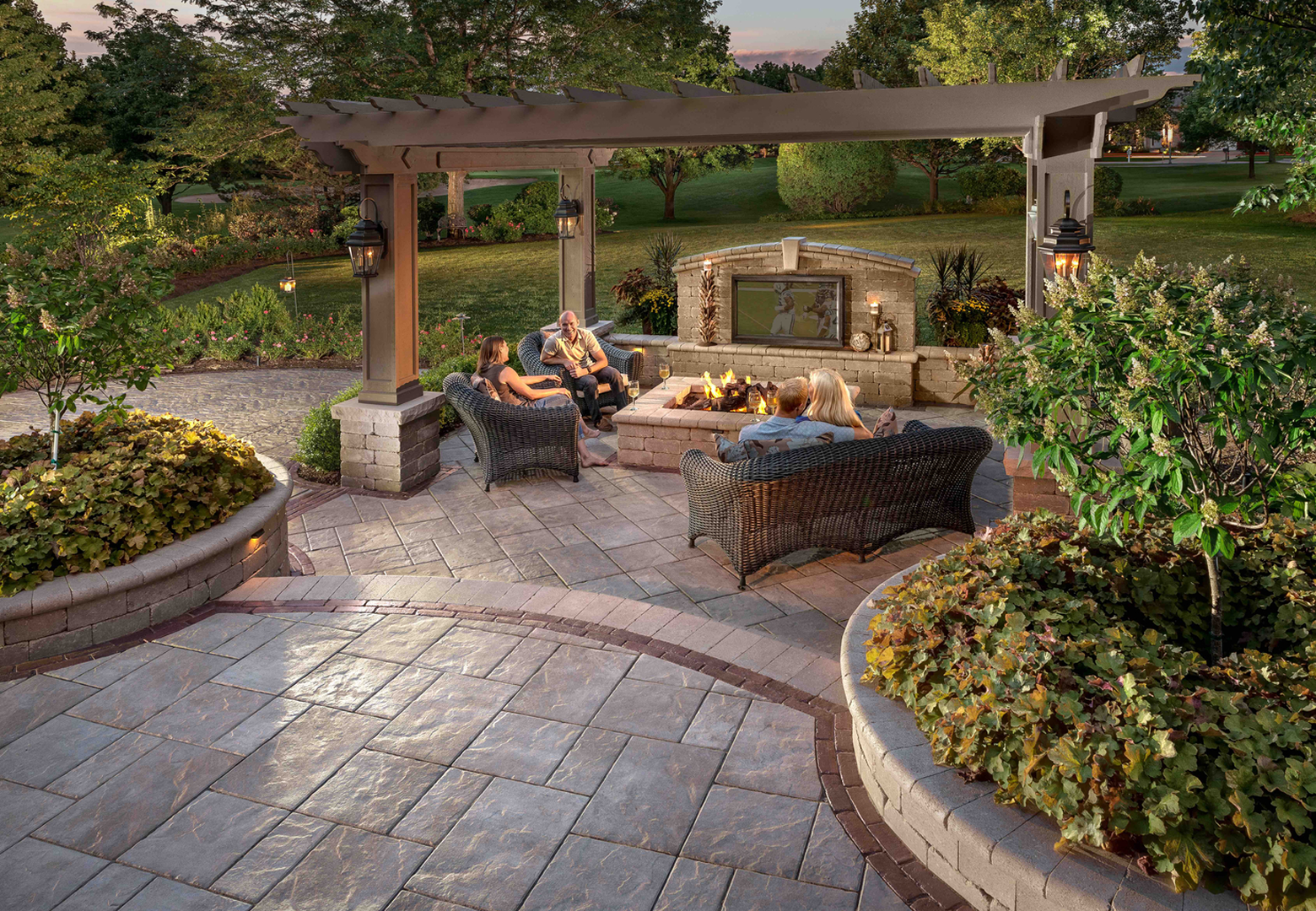 Garden pergola with outdoor furniture setup