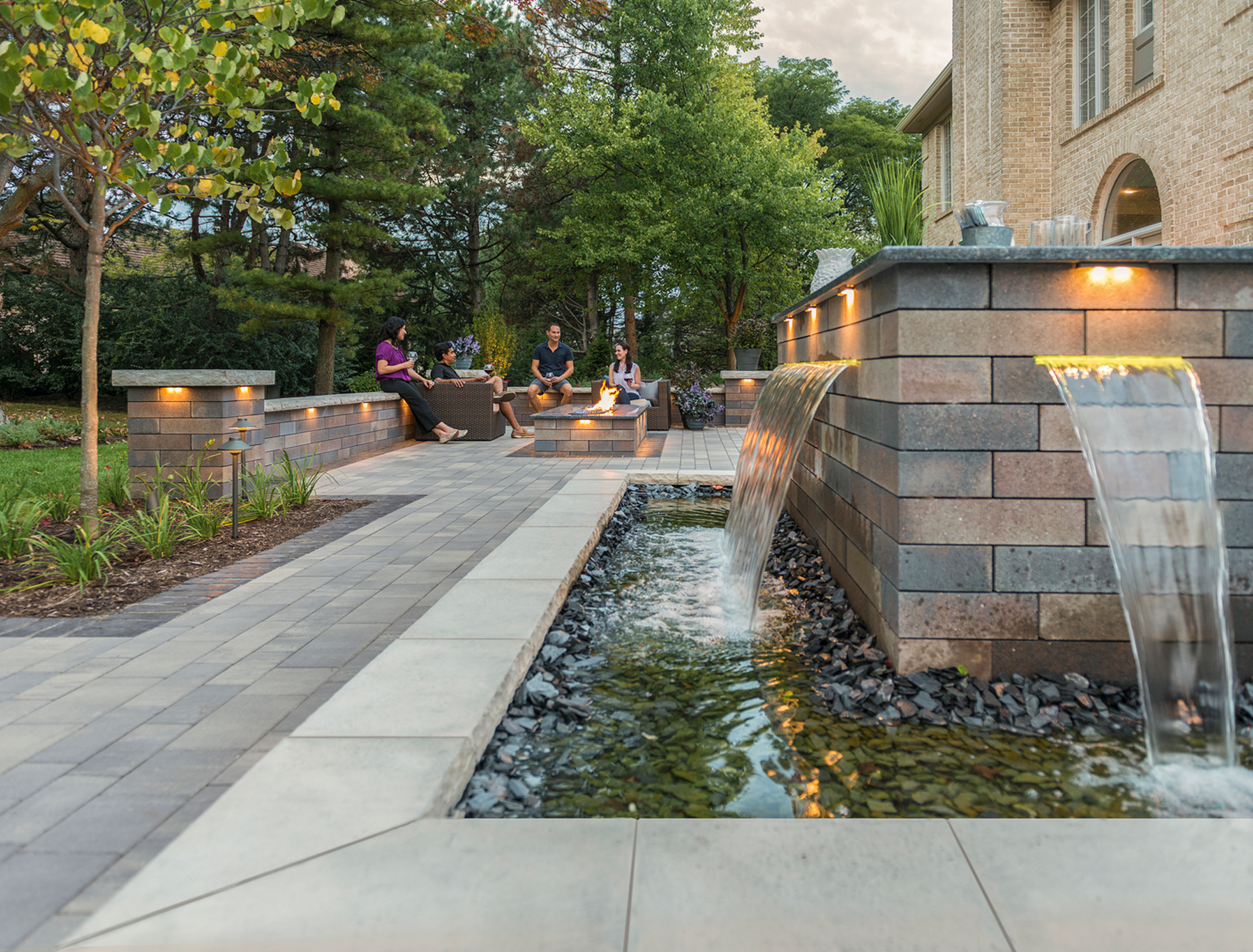 Outdoor patio with water features