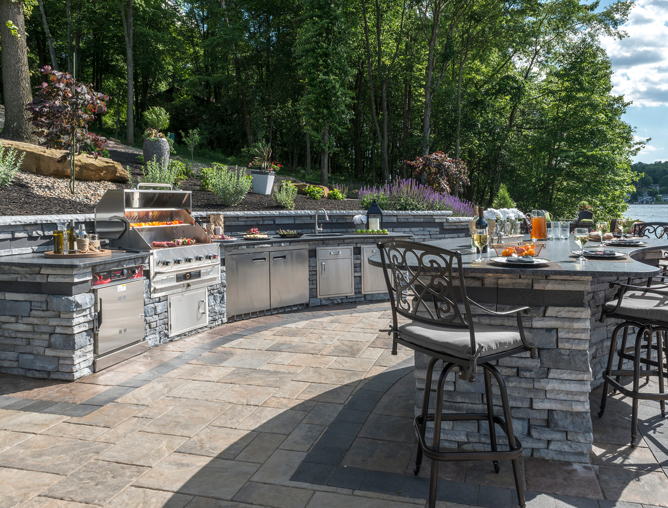 Outdoor kitchen with stone countertops