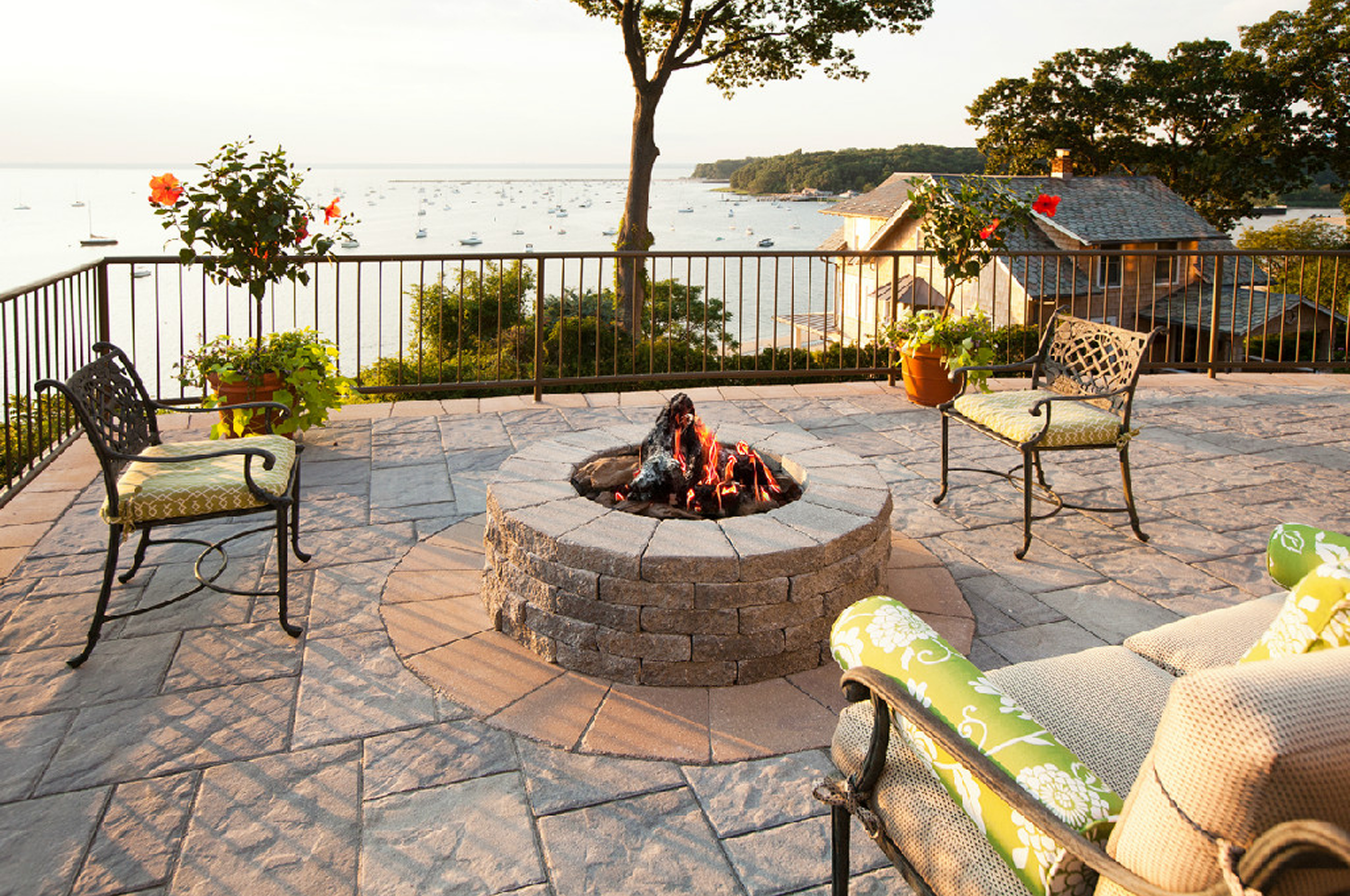 Seaside patio with cozy fire pit.