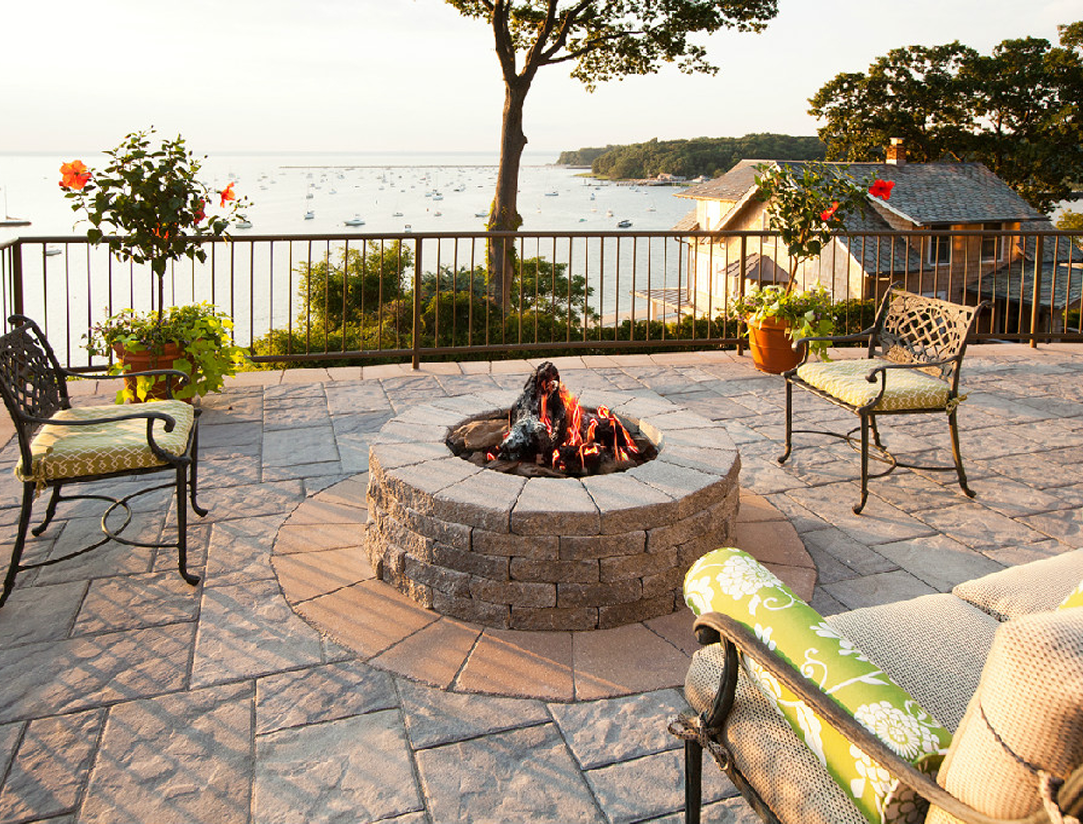 Patio with fire pit and ocean view.