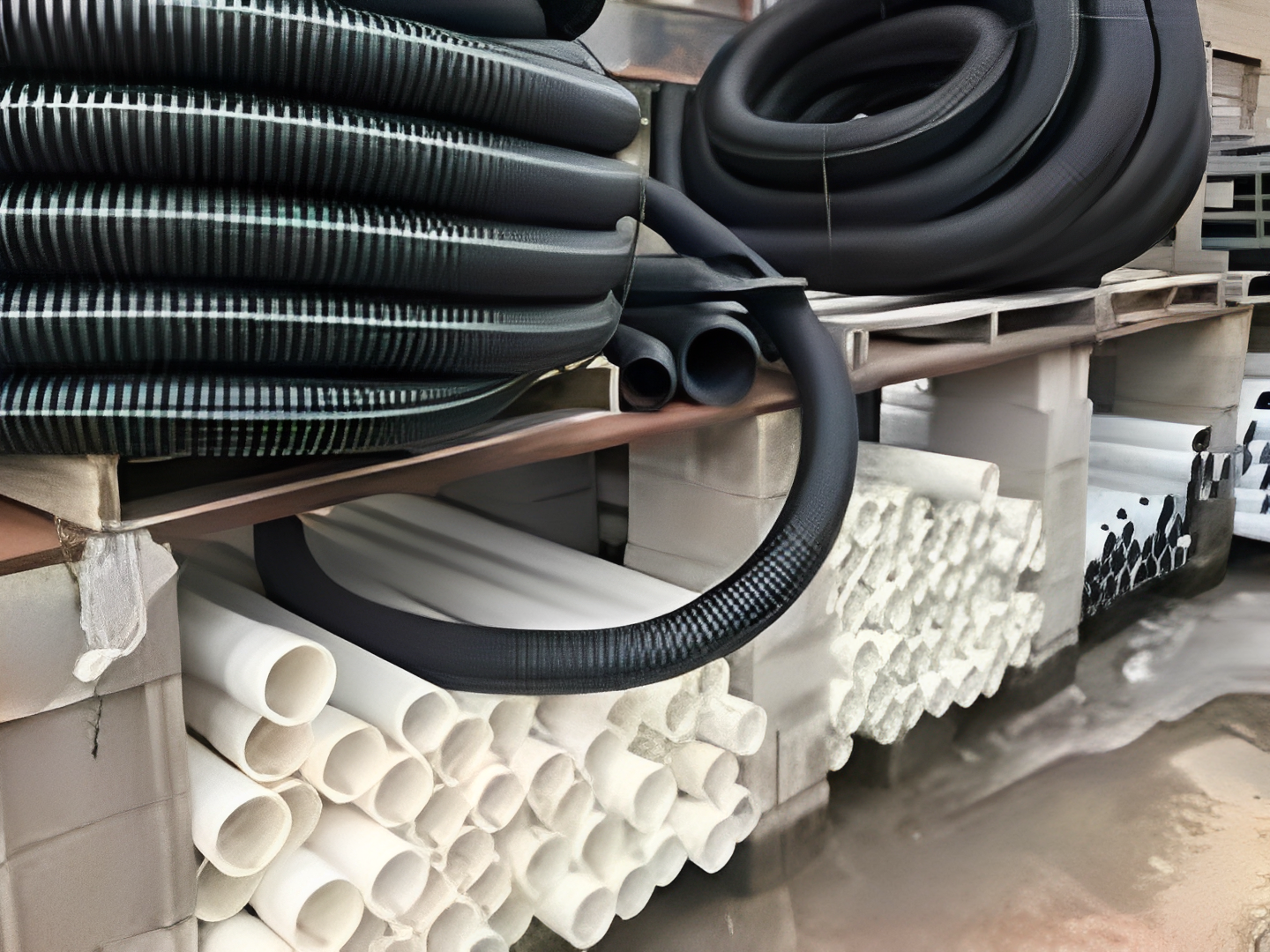 Black and white PVC pipes stacked