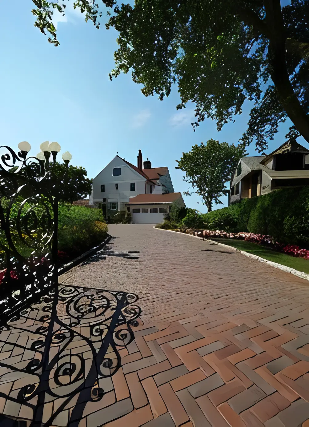 Ornate gate beside a landscaped driveway