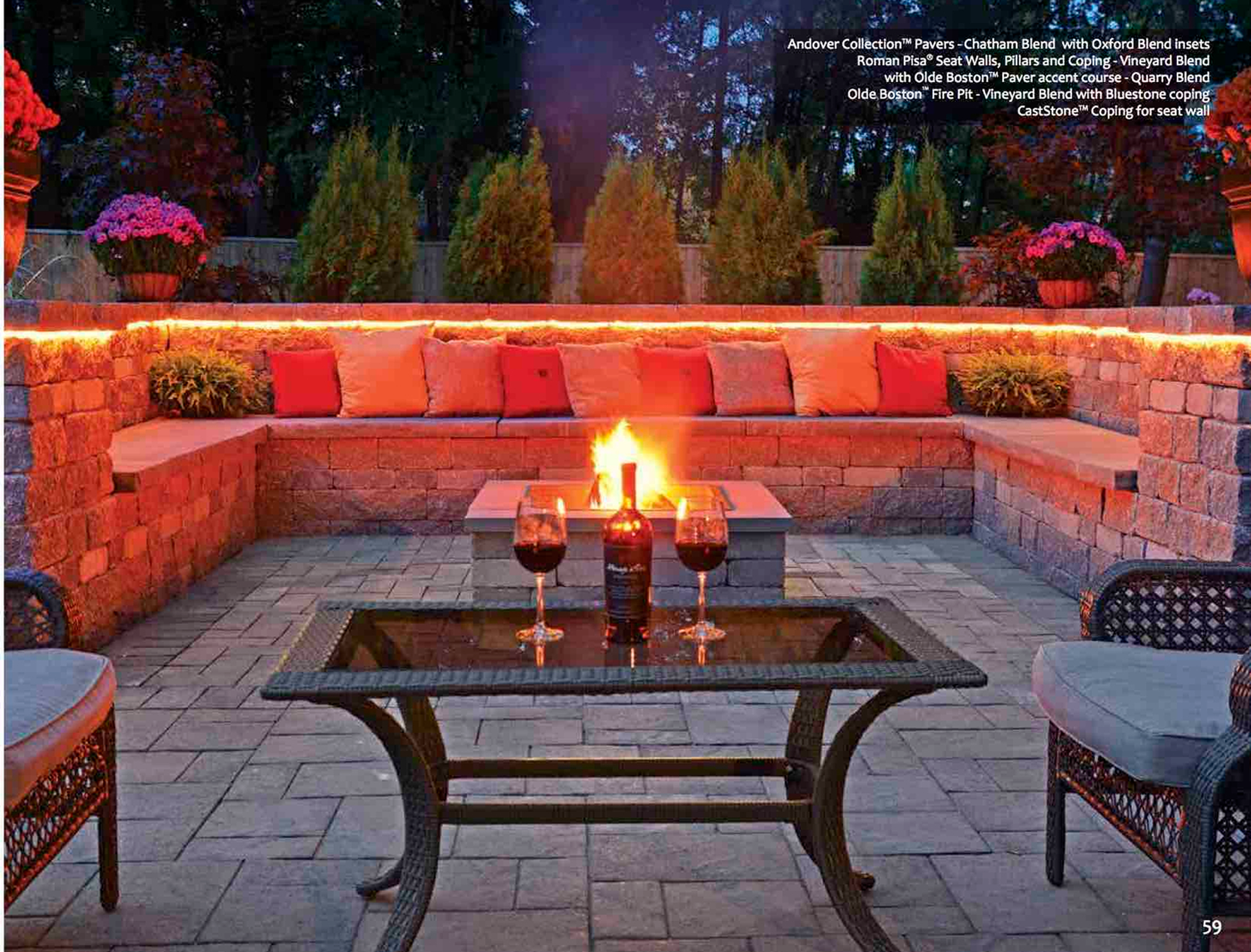 Cozy patio with fire and wine glasses