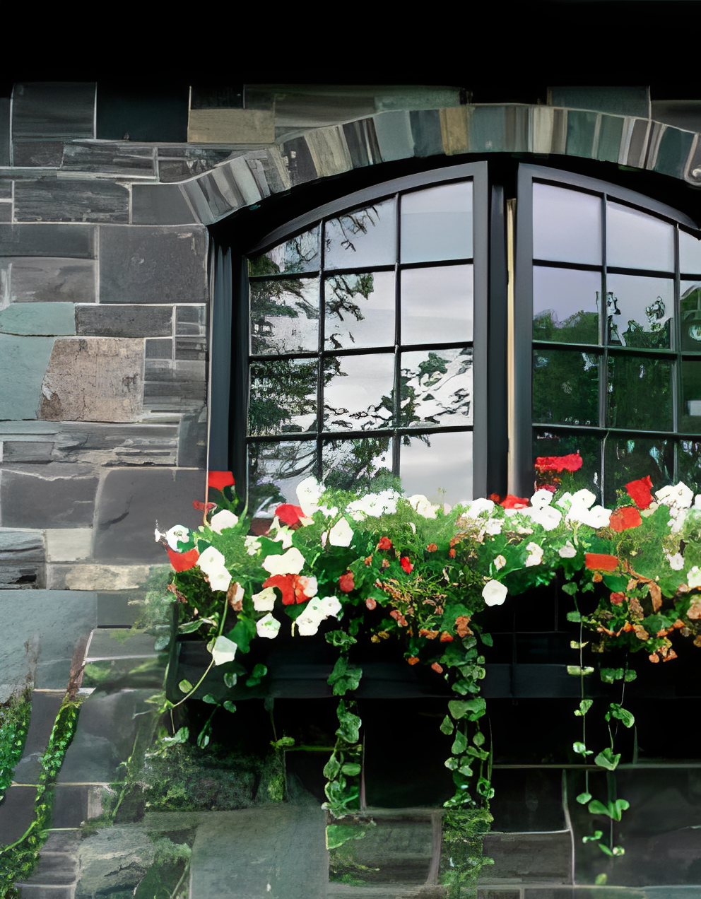Window box with red and white flowers