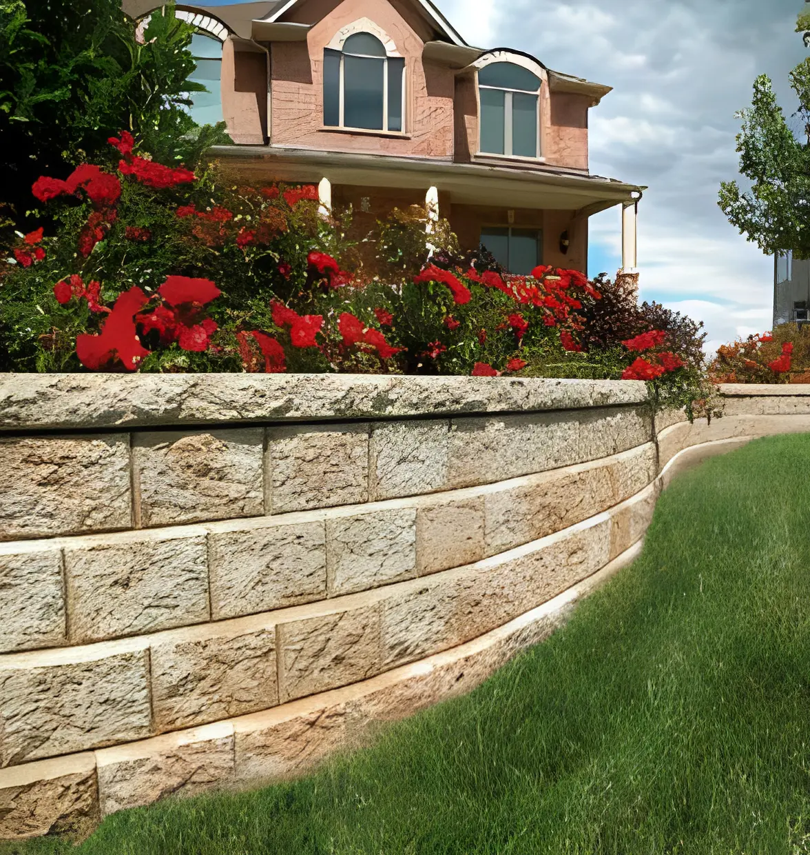 Stone retaining wall with red flowers