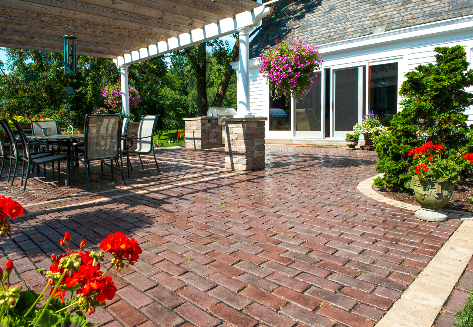 Brick patio with outdoor dining set