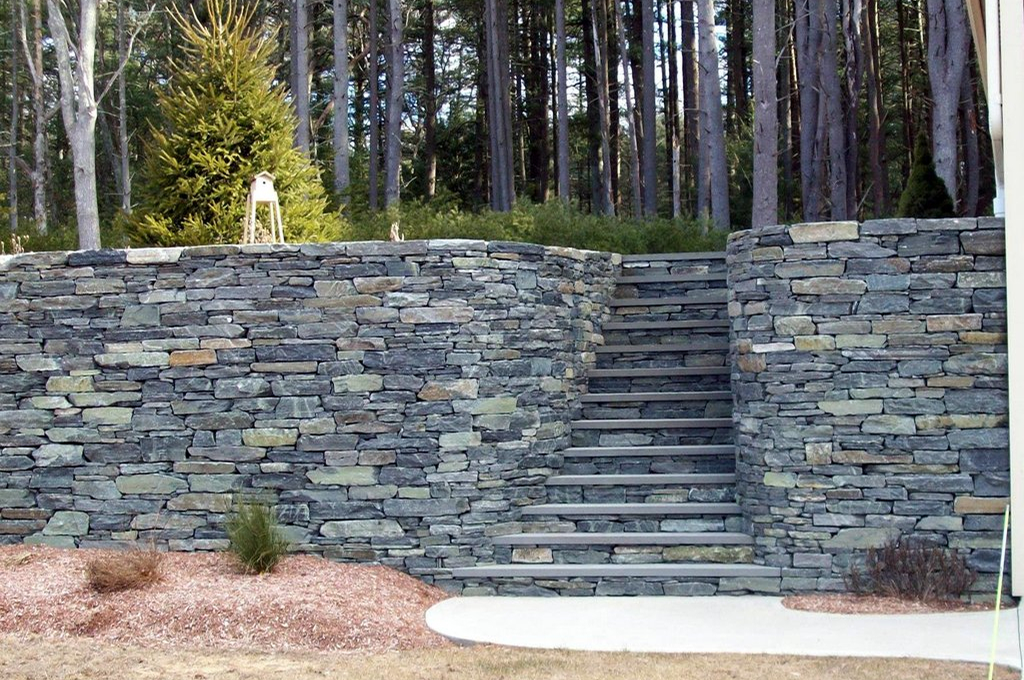 Outdoor stone staircase and wall