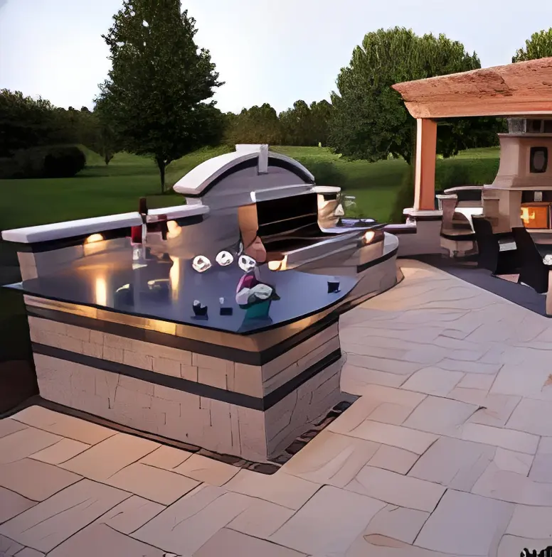 Patio with sleek outdoor kitchen