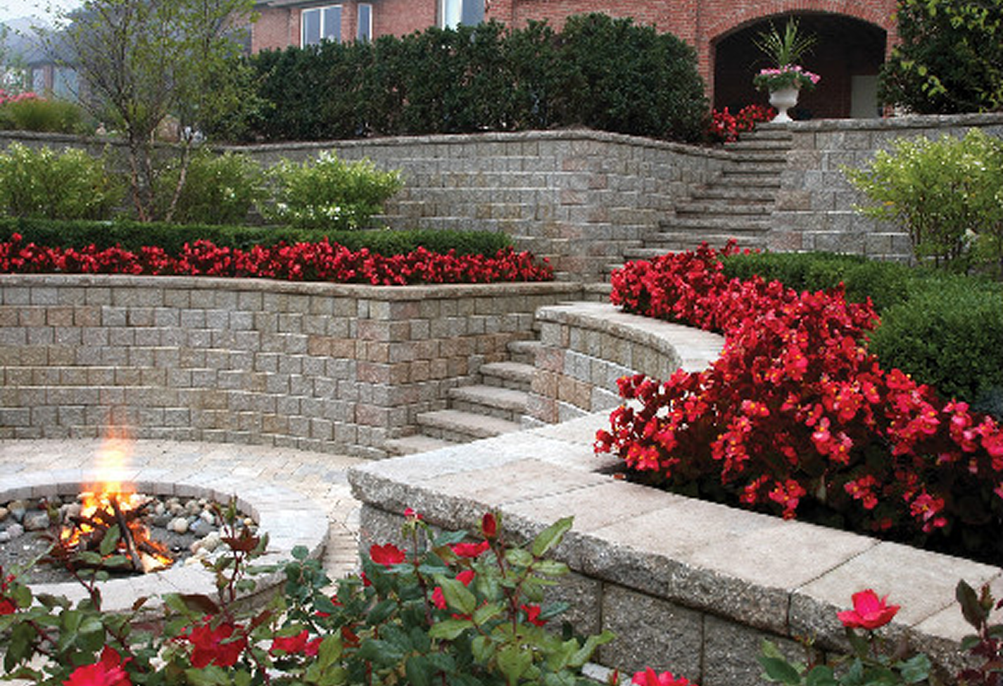 Stone steps and lush garden landscape
