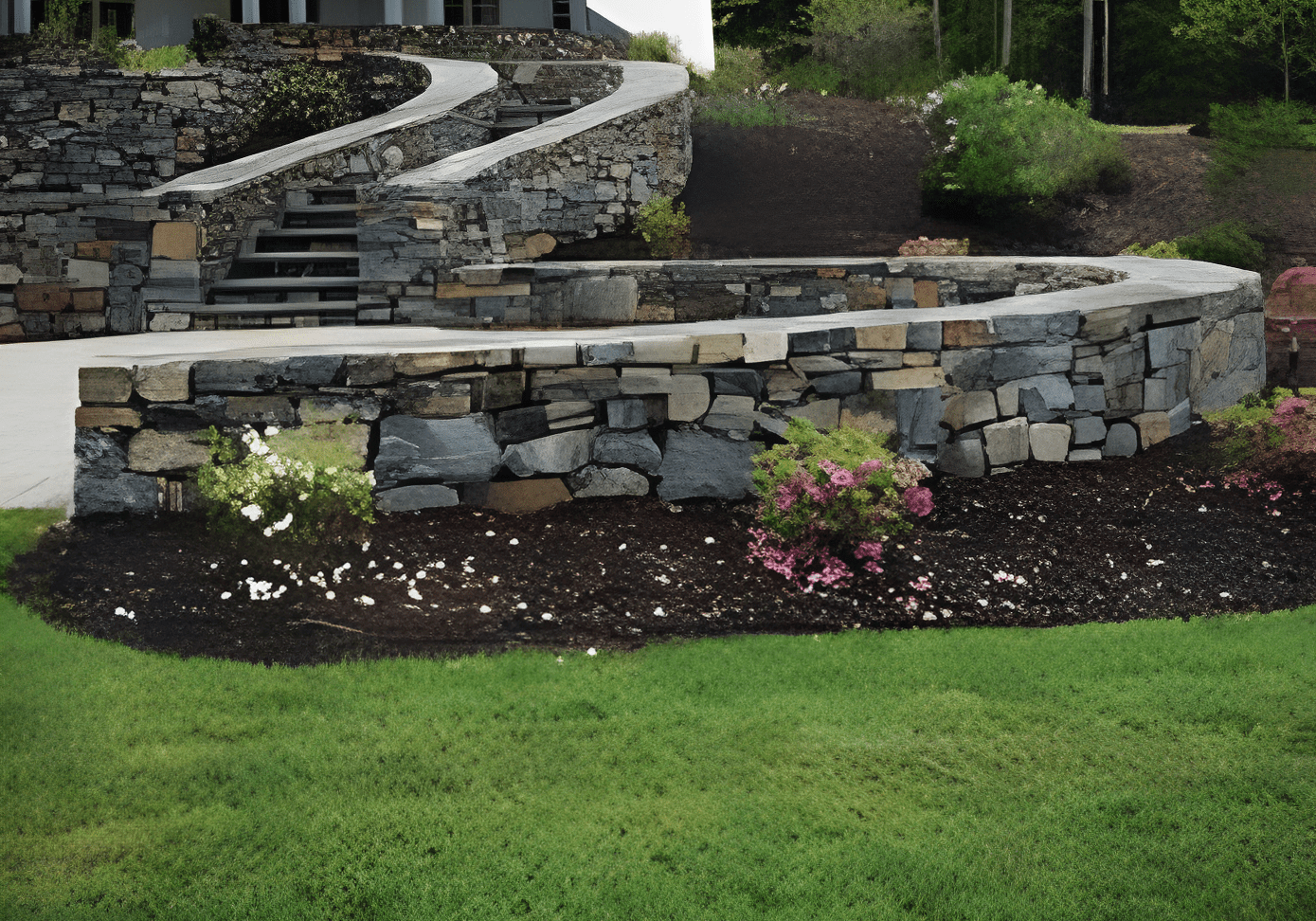 Landscaping with stone wall and greenery