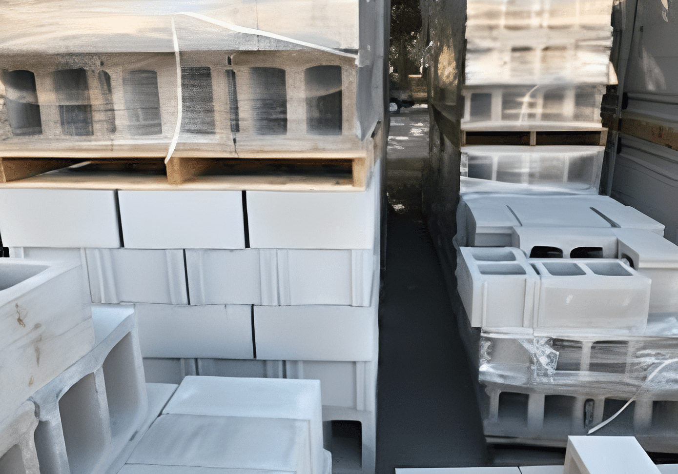 Stacked concrete blocks on pallets